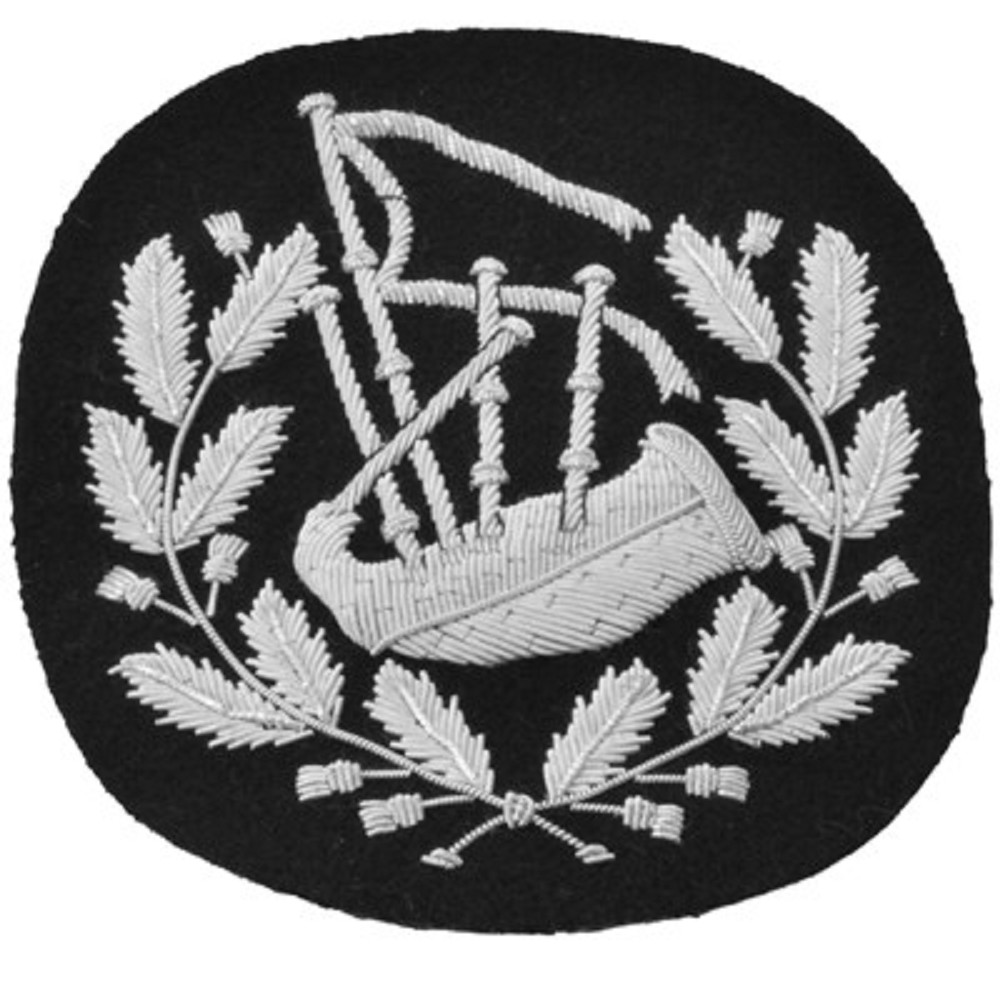 Pipe-Major-Badge embroidered, large Silver on black