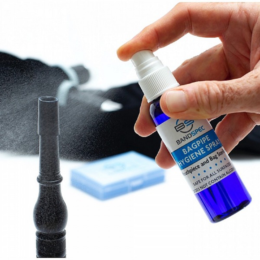 Spray désinfectant BandSpec pour pièces de cornemuse. Spray désinfectant BandSpec pour pièces de cornemuse.